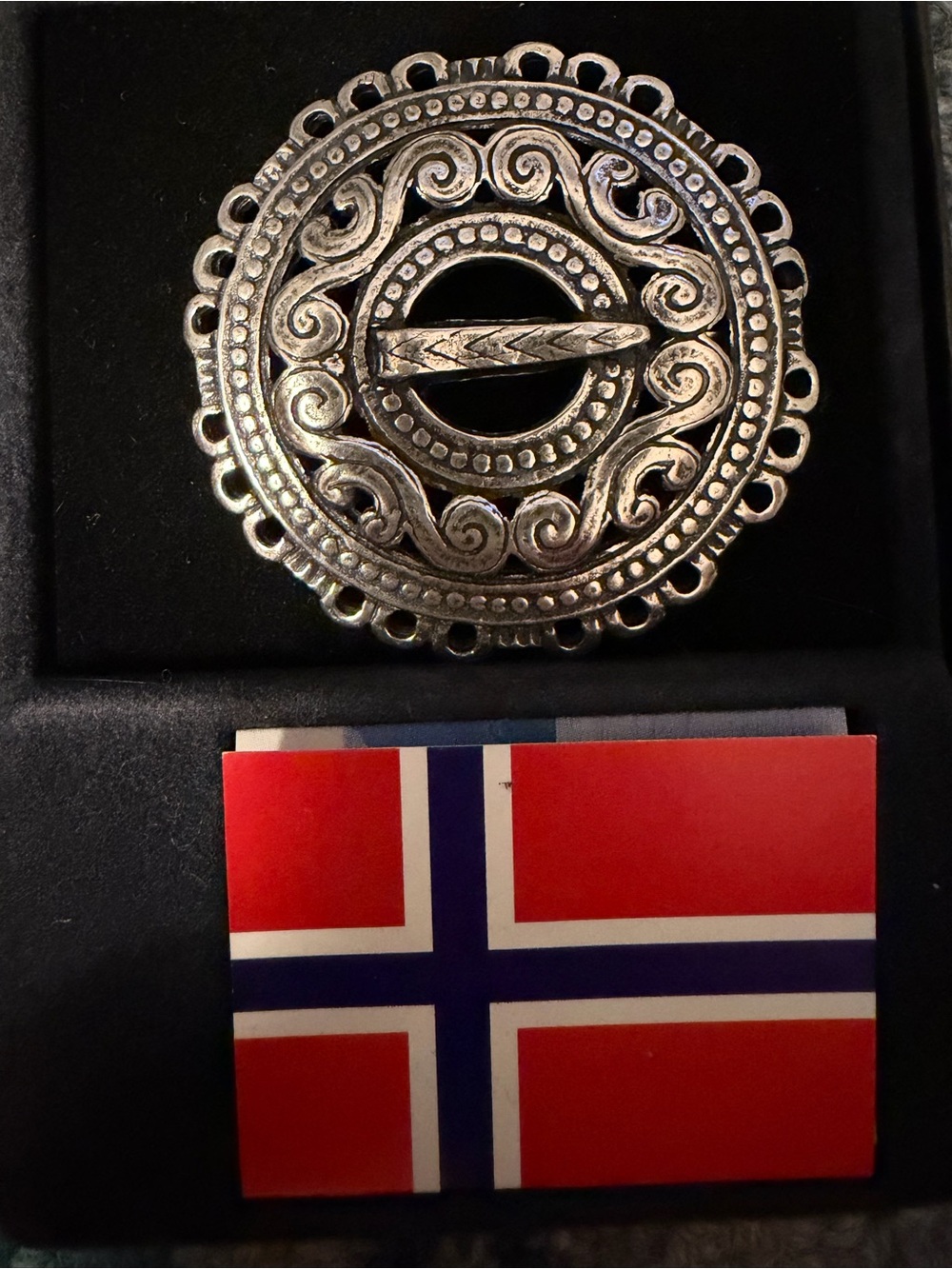 Vintage pewter Scandinavian Brooch with Scrollwork purchased in Norway